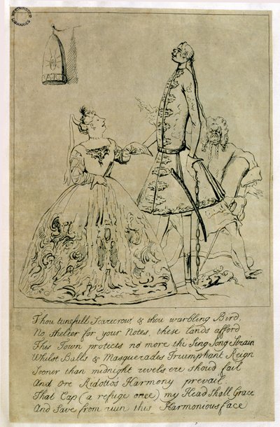 Thou Tuneful Scarecrow and Thou Warbling Bird, caricatura di Farinelli, Cuzzoni e Heidegger, detto essere stato inciso da un disegno della Contessa di Burlington, 1730s da Joseph Goupy